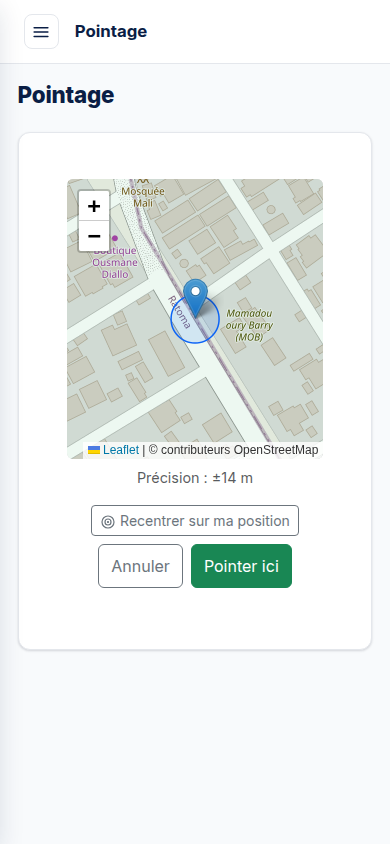 Écran de pointage GeoPresence sur mobile, avec la carte GPS et la zone autorisée de l'employé.